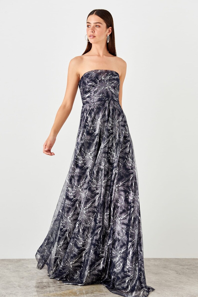 Belle Dress Wedding Guest Dress Aesthetic Clothing Navy Blue Strapless Evening Dress Bridesmaid Dress Boho Wedding