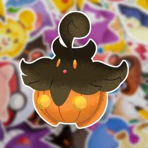 May include: A brown and orange Pokemon sticker with a pumpkin-like body and a brown hair-like tuft on top. The Pokemon has a round, white face with two black eyes and a small, red mouth.
