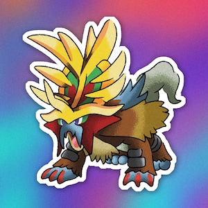 May include: A cartoon illustration of a brown and blue Pokemon with a large yellow and red feathered headpiece. The Pokemon has a fierce expression and is in a crouched position.