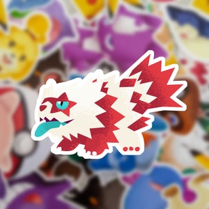 May include: A white and red cartoon creature with a blue tongue and a star on its head. The creature is standing on its hind legs and has a spiky tail.