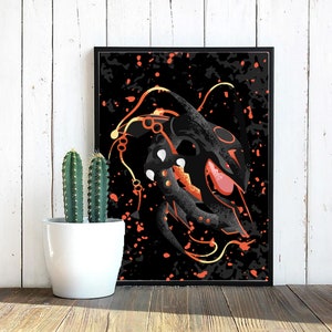 May include: A black and orange digital art print of a mythical creature with a spiky, horned head and glowing eyes. The creature is surrounded by a black background with orange and yellow accents.