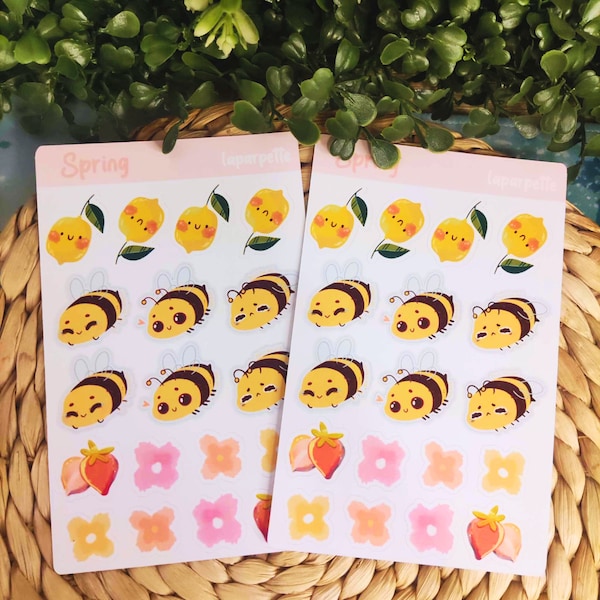 Planche de stickers pour BuJo/ planner/ autocollants mignons / fleurs aquarelle / idée cadeau printemps rose / abeille mignonnes