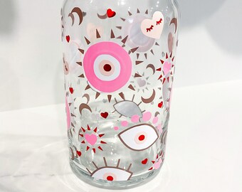 Evil Eye but In Love (Bright Pink) 16 oz Libbey Beer Can Glass | Galentine’s Day 2022 | Coffee lover gift | Custom Gift