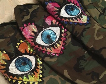 Evil Eye Heart Camo US Army Jacket with sequin patch
