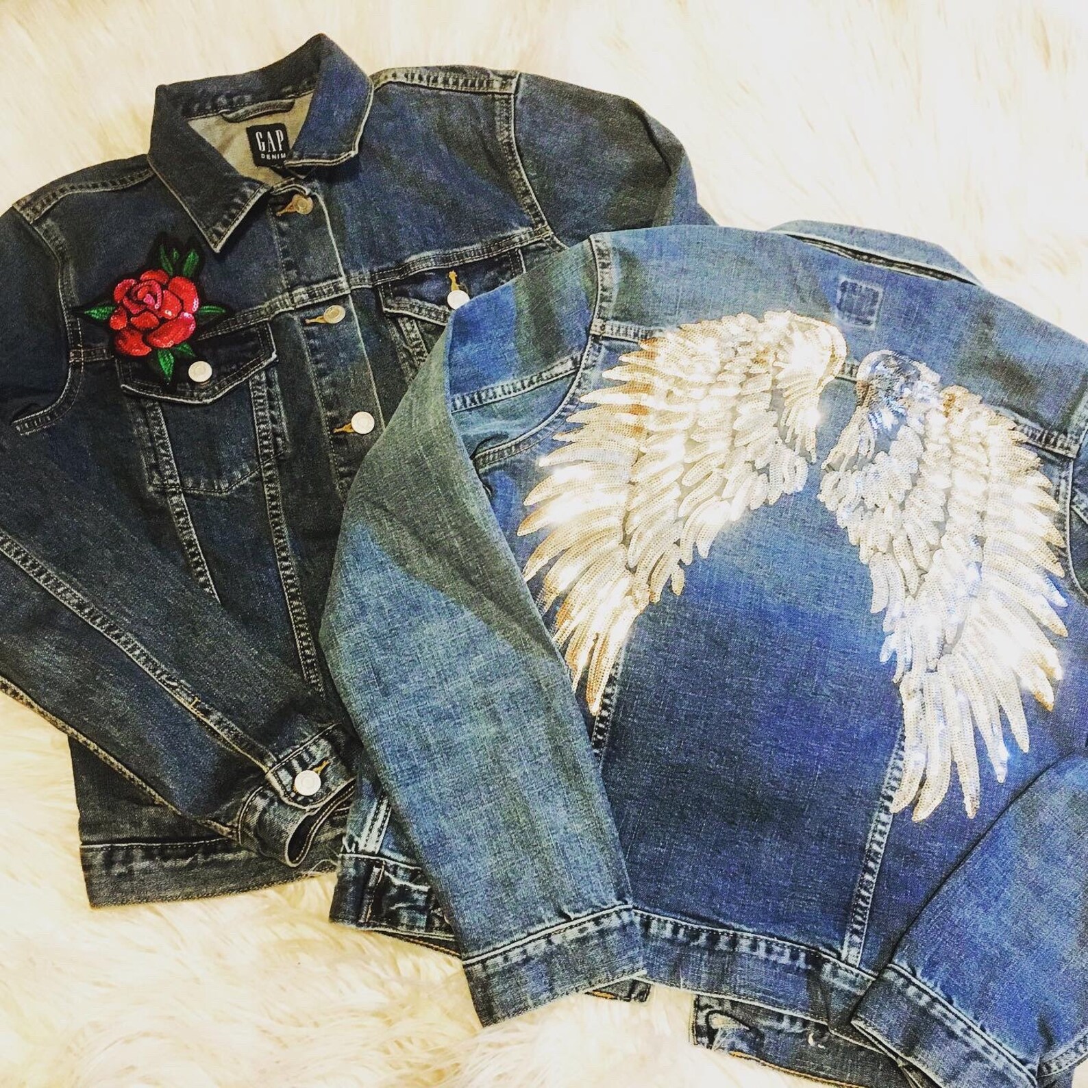 denim jacket with sequin angel wings