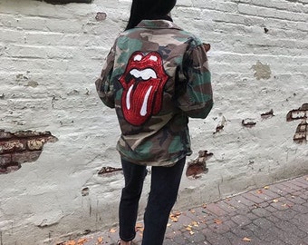 Rock n Roll Red tongue authentic Camo US Army Jacket with sequin patch