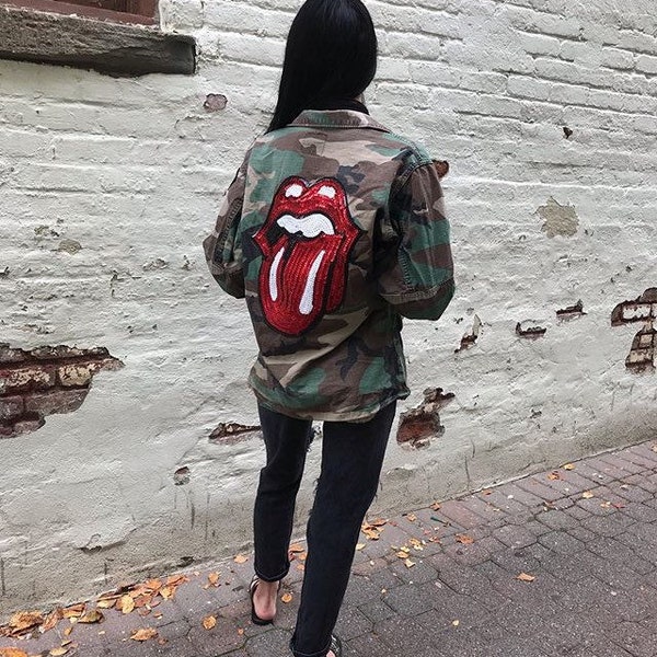 Rock n Roll Red tongue authentic Camo US Army Jacket with sequin patch