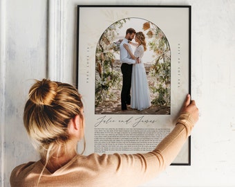 May include: A wedding photo print with a floral archway and the text "True love is the joy of your life" and "Jolie and James" printed below the photo.