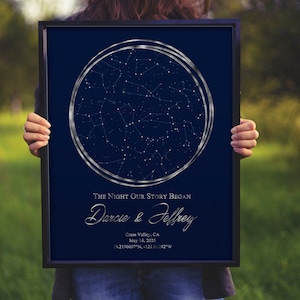 May include: A navy blue poster with a silver circle containing a constellation map. The text "THE NIGHT OUR STORY BEGAN" is at the top of the poster, followed by the names "Darcie & Jeffrey" in a silver cursive font. The location "Grass Valley, CA" and date "May 16, 2020" are listed below the names, along with the coordinates "39.2190607°N, -121.06292°W".