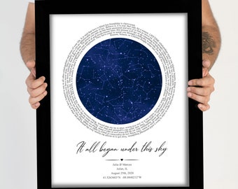 Wedding Anniversary Gift for husband & wife | Star map by date | Couples gift personalize | Song lyrics wall art | Custom Newlywed Gift