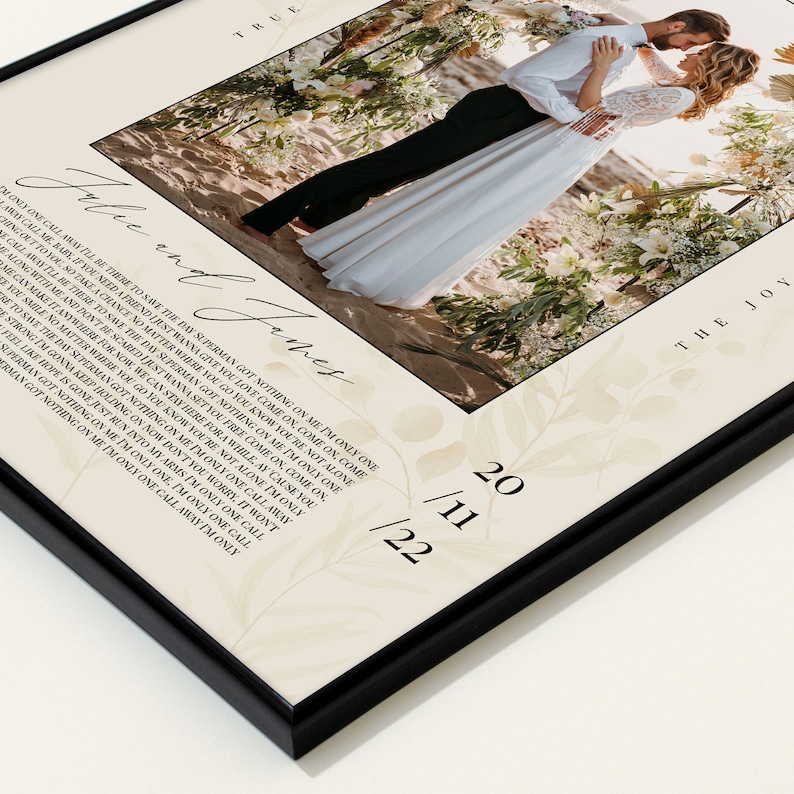 May include: A wedding photo of a couple in a white dress and a black suit, with a floral arch behind them. The photo is framed with a beige background and a floral design. The text "Jole and James" is written in cursive at the bottom of the photo. The date "20/11/22" is written in black below the text. The text "TRUE" is written in black at the top of the photo. The text "THE JOY" is written in black at the bottom right of the photo.