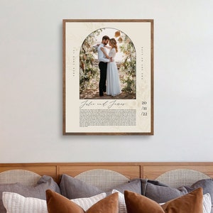 May include: A wedding photo print with a floral archway and the couple's names, "Julie and James", and wedding date, "20/11/22", printed below the photo. The text "True Love is... The Joy of Life" is printed on the sides of the photo.