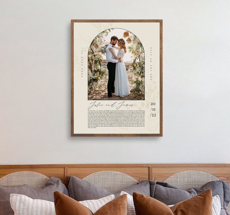 May include: A wedding photo print with a floral archway and the couple's names, "Julie and James", and wedding date, "20/11/22", printed below the photo. The text "True Love is... The Joy of Life" is printed on the sides of the photo.