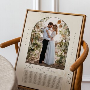 May include: A wedding photo of a couple in front of a floral arch. The photo is in a cream-colored frame with a white background. The text "True Love Is" is on the left side of the frame and "The Joy of Life" is on the right side of the frame. The text "Julie and James" is below the photo with a wedding date of 20/11/22.