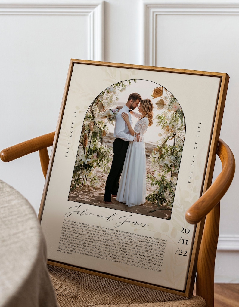 May include: A wedding photo of a couple in front of a floral arch. The photo is in a cream-colored frame with a white background. The text "True Love Is" is on the left side of the frame and "The Joy of Life" is on the right side of the frame. The text "Julie and James" is below the photo with a wedding date of 20/11/22.