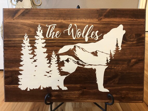 Family Name Sign With Wolf Wolf Sign Cabin Outdoors Wood Etsy