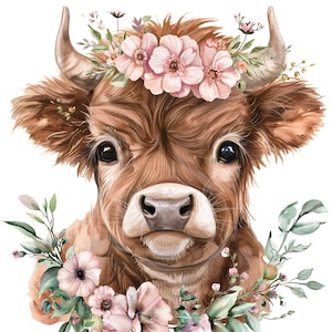 Aquarel clipart baby hooglandkoe |  Roze bloemen |  .png-bestand met transparante achtergrond |  14 x 17" 300 dpi