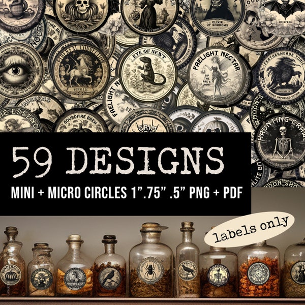 59 Mini Apothecary Potion Labels - Mini + Micro Set (.5" .75" 1" Circles)  | Halloween Potion Bottle Label Digital Download