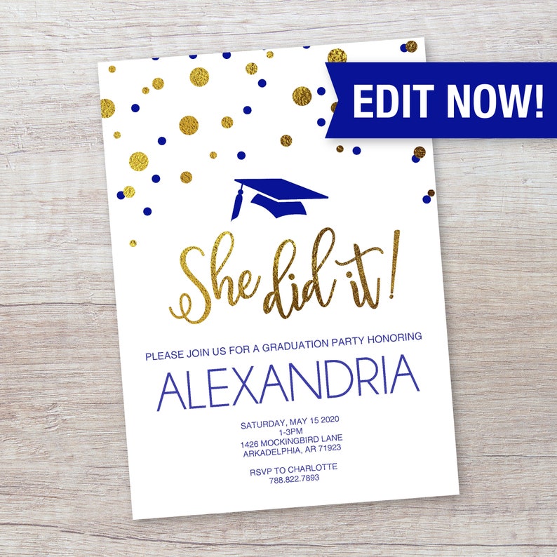 She Did It Graduation Invitation Royal Blue &amp; Gold | Etsy