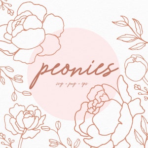 Hand Drawn Line Art Peony Flower and Leaves Floral SVG + PNG + EPS File  |  36 Vector Files (12 Elements)