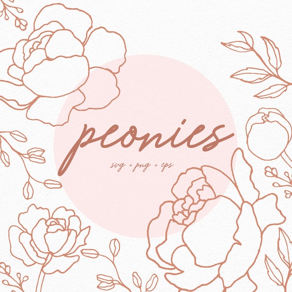 Hand Drawn Line Art Peony Flower and Leaves Floral SVG + PNG + EPS File  |  36 Vector Files (12 Elements)