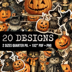 20 Printable Halloween Fussy Cuts, Junk Journal  |  Vintage Style  |  Digital Download  |  4.25 x 5.5&quot;  |  PDF + PNG