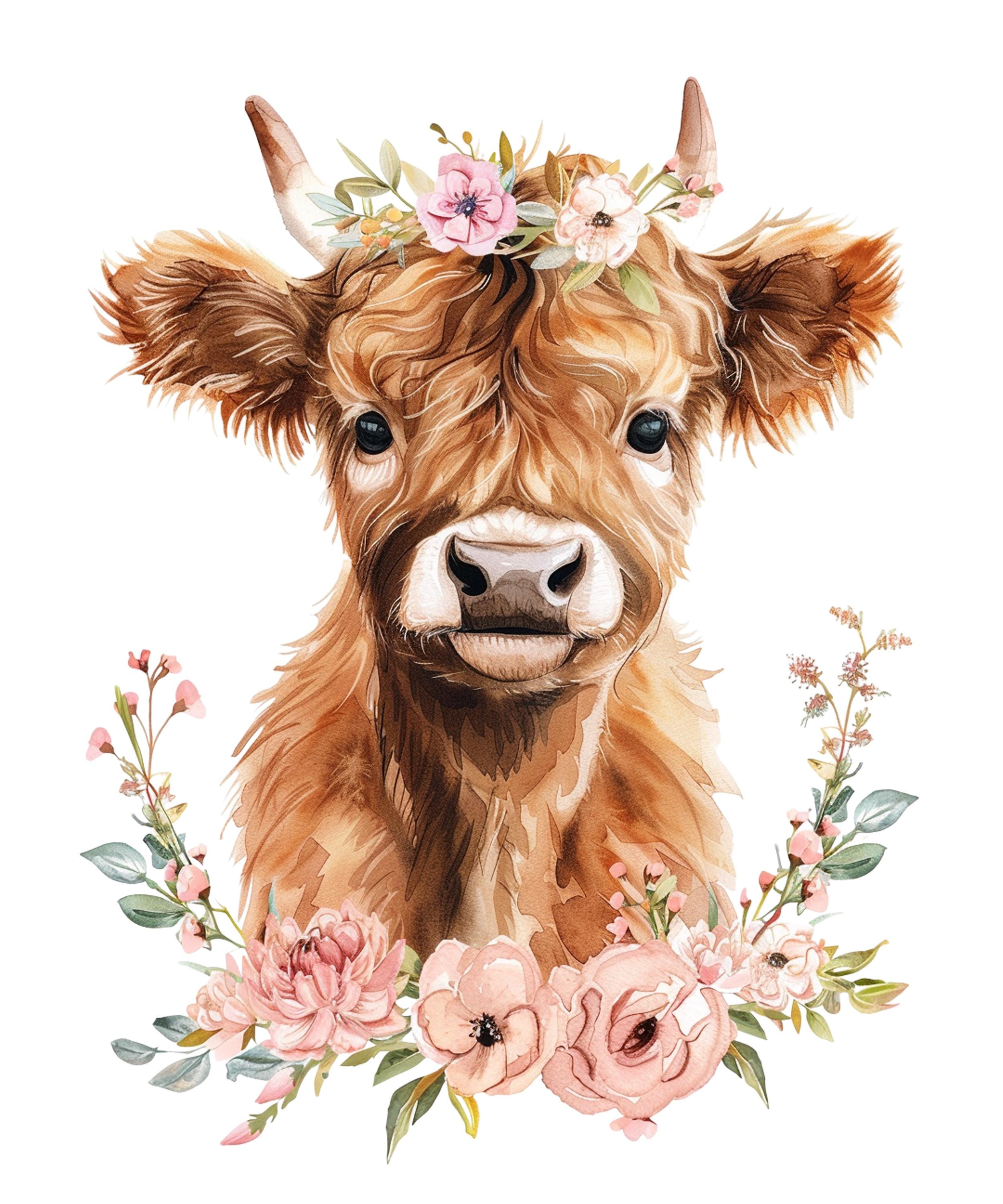 Highland Cow Watercolor Clipart: Pink Flowers, Thistle (PNG File ...