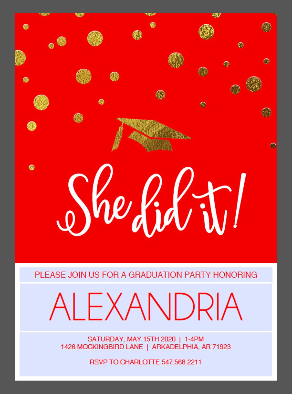 She Did It Graduation Invitation Red &amp; Gold Instant | Etsy