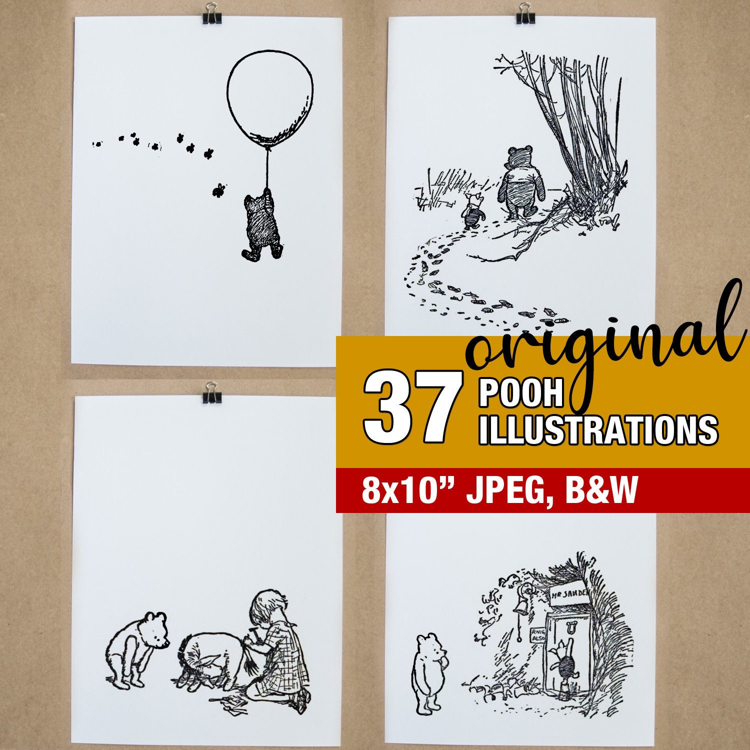 Original Classic Winnie the Pooh Illustrations Art 1926 8x10" JPEG  |  37 Files Drawings by E.H. Shepard for A.A. Milne