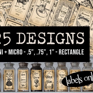 25 Mini Apothecary Potion Labels - Mini + Micro Set (.5&quot; .75&quot; 1&quot; Rectangles)  | Halloween Potion Bottle Label Digital Download