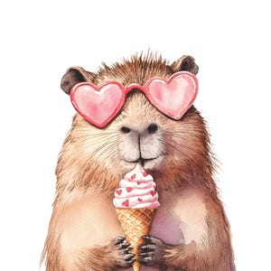 Capibara Valentijn aquarel clipart |  Roze hartglazen, ijs |  .png-bestand met transparante achtergrond |  14 x 17" 300 dpi