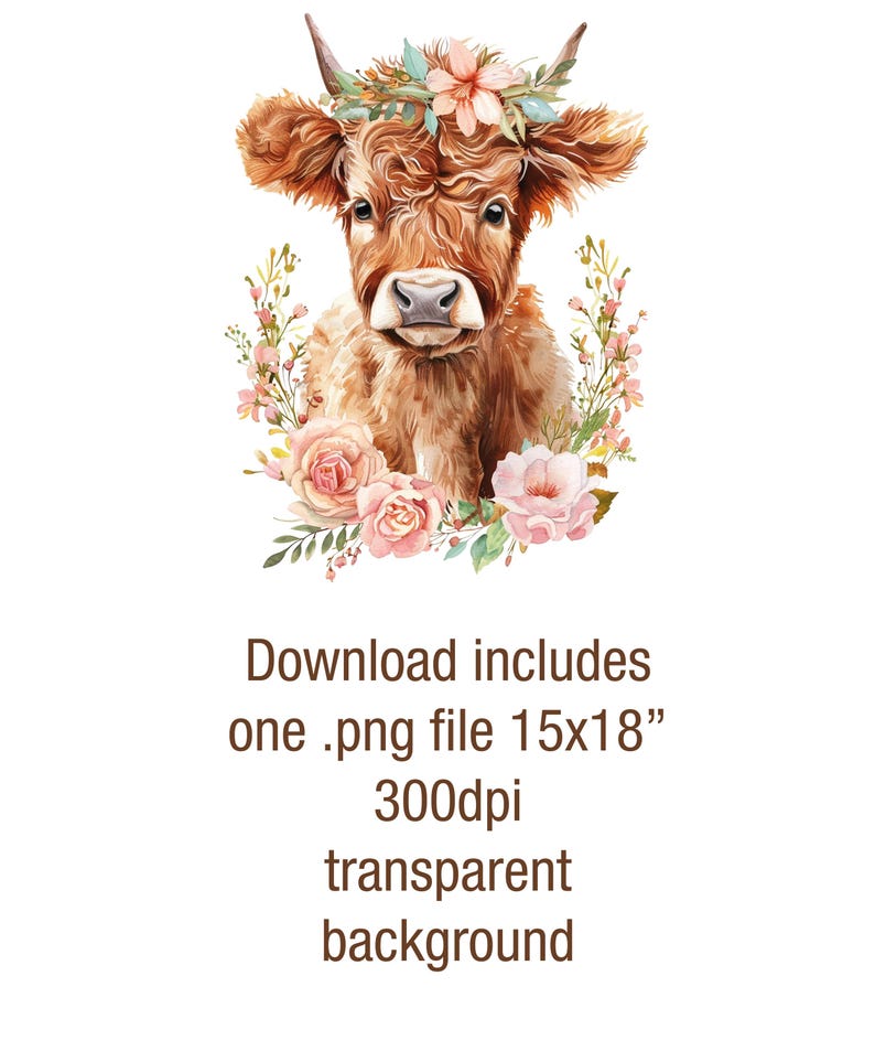 Baby Highland Cow Watercolor Clipart: Pink Flowers (PNG File, 14x17 ...