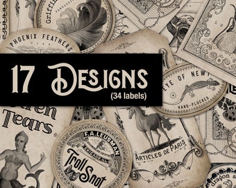 Könnte beinhalten: Eine Sammlung von Vintage-Etiketten und Ephemera in Sepia-Tönen. Die Etiketten zeigen Illustrationen von Fabelwesen, botanischen Elementen und Text, darunter "Griffin Feathers" und "17 Designs (34 labels)".