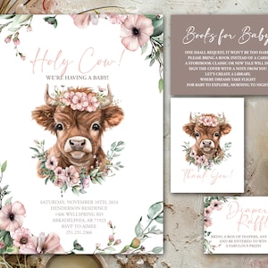 Holy Cow boho baby shower uitnodigingsset, hooglandkoe met roze bloemen |  Afdrukbare digitale download |  5 x 7" + kaarten
