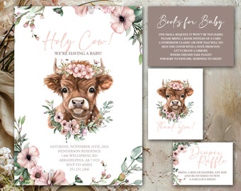 Holy Cow Boho Baby Shower Invitation Kit, Highland Cow with Pink Flowers  |  Printable Digital Download   |  5x7" + Cards