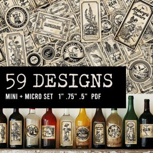 May include: A collection of 59 printable designs for labels, featuring a vintage apothecary theme. The labels are black and white and feature illustrations of plants, animals, and text. The labels are designed for use on bottles, jars, and other containers. The text on the labels includes words like "Slumberwine", "Ambergris Tincture", "Rain", and "Wild".