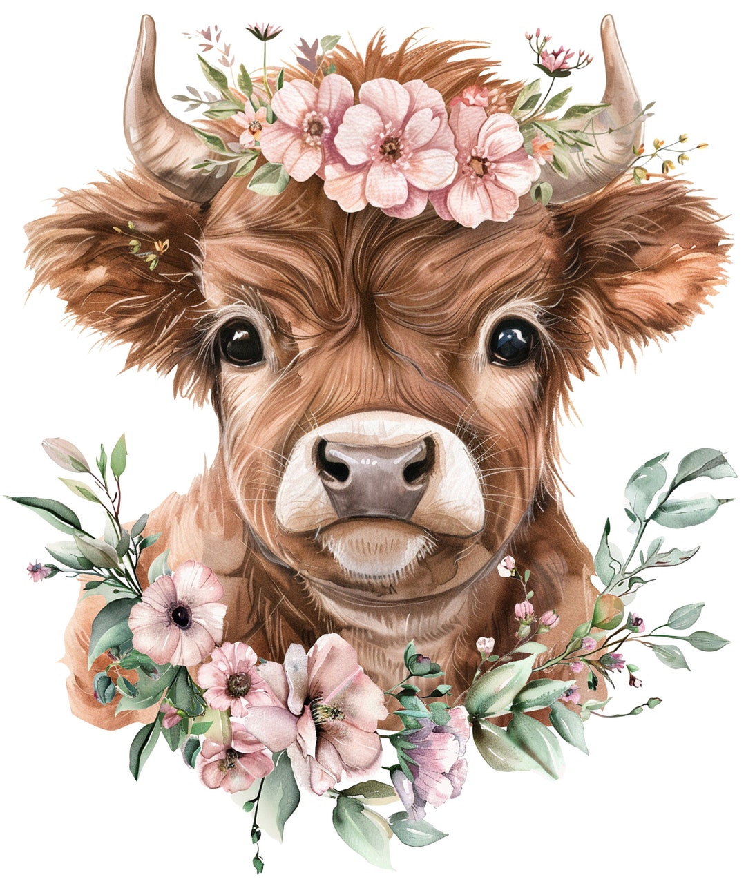 Baby Highland Cow Watercolor Clipart | Pink Flowers | .png File With ...