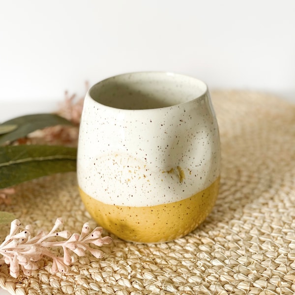White and yellow speckled coffee mug, ceramic dented tumbler, modern pottery mug