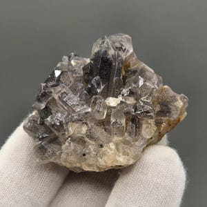 May include: A cluster of quartz crystals, with a gradient of colours from clear to smoky grey and black. The crystals are closely packed, with visible facets and a rough, textured base. The overall shape is irregular, with a natural, unpolished appearance.