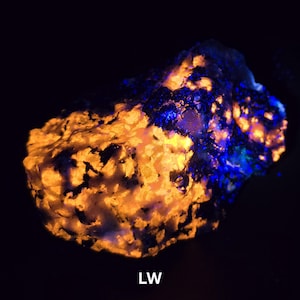 Puede incluir: Una formación rocosa fluorescente con vibrantes tonos naranja y azul sobre un fondo negro. La superficie de la roca es texturizada, con las letras "LW" en la parte inferior. Los colores sugieren fluorescencia.