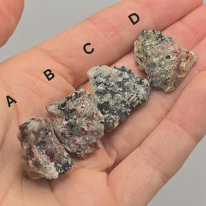 May include: Four rough-cut mineral specimens, labeled A through D, are displayed in a hand. The minerals exhibit a mix of colors, including gray, black, and red. The rough texture and varied hues suggest natural, unpolished stones, possibly for collection or display.