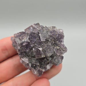 Peut inclure: Un amas de cristaux de fluorite violets. Les cristaux ont une structure cubique et une texture légèrement rugueuse. La couleur varie du violet foncé au lavande clair, avec des zones presque translucides. Le spécimen minéral est tenu dans une main.