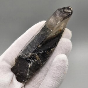 May include: A dark, elongated crystal with a rough, textured surface. The crystal has a gradient of colors, ranging from a deep black to a translucent smoky gray. The crystal's shape is irregular, with a jagged edge at the base. The crystal is a natural mineral specimen.