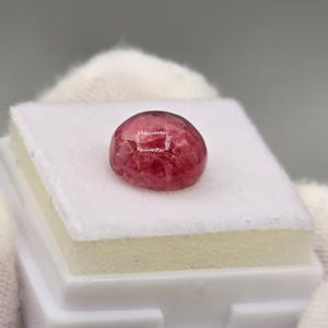 May include: A polished, cabochon-cut gemstone with a deep pink hue. The gem is oval-shaped and rests on a white surface. The stone has a smooth, reflective surface, and the color is consistent throughout. This gemstone is suitable for jewelry making.