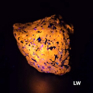 May include: A glowing orange rock with blue and purple accents. The rock has a rough, textured surface and is illuminated against a black background. The letters "LW" are visible in the bottom right corner.