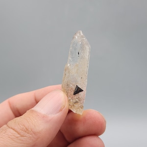 May include: A clear quartz crystal point with a black triangular inclusion. The crystal is approximately 5 cm long and has a natural, rough texture.