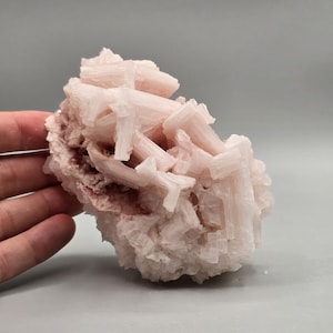 Peut inclure: Un amas de formations cristallines rose clair. Les cristaux présentent un aspect texturé et stratifié avec un mélange de surfaces lisses et rugueuses. La forme générale est irrégulière, avec un mélange de rose tendre et de teintes roses plus profondes.