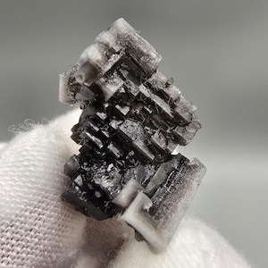 Peut inclure: Un spécimen minéral brut composé d'un amas de cristaux cubiques dans des tons noir profond et gris translucide. La structure présente des bords géométriques nets et une formation en gradins avec une texture de surface brillante.