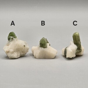 May include: Three raw, uncut green peridot crystals on white matrix. Each crystal is labeled A, B, and C. The peridot crystals vary in size and shape, with a light green hue. The matrix is a rough, off-white color.