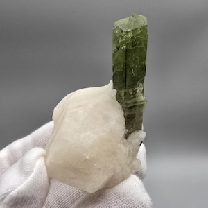 May include: A raw, natural mineral specimen featuring a vibrant green tourmaline crystal emerging from a white quartz base. The tourmaline has a columnar structure, and the quartz has a rough, crystalline texture. The overall composition is a striking display of natural geology.
